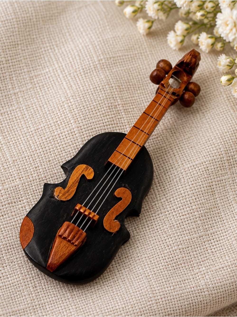 Vintage Hand Carved Wooden Violin Unisex Brooch